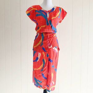 John Weitz Vintage 80s Red Silk Jacquard Paint Splatter Peplum Midi Dress
